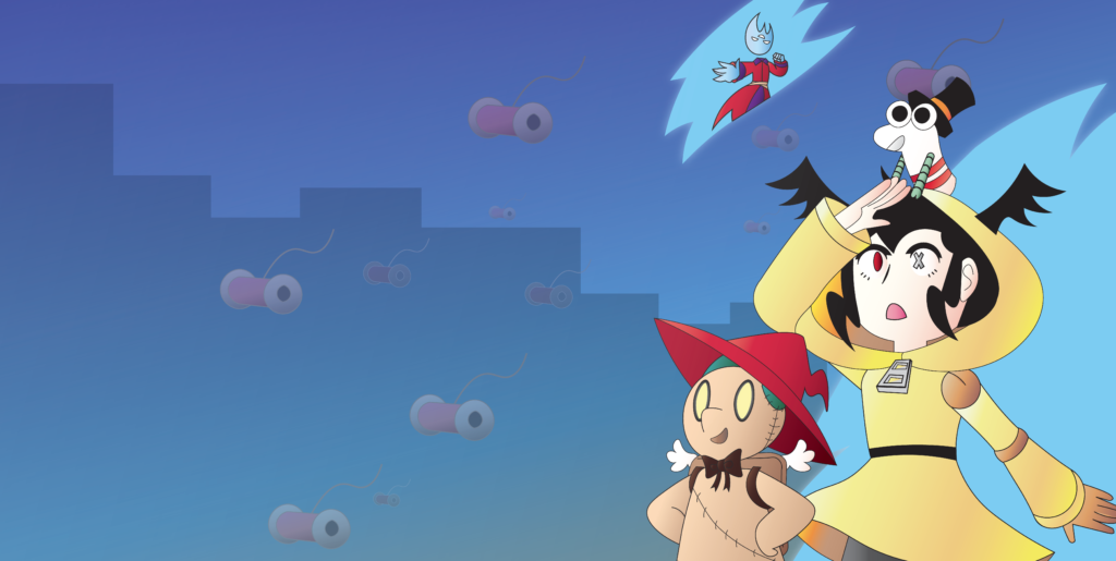 A graphic of the protagonists of Marlowe and the Marionette (Marlowe, Maddie, Fidget, and The Puppeteer) looking over a city as spools of thread rain from the sky.